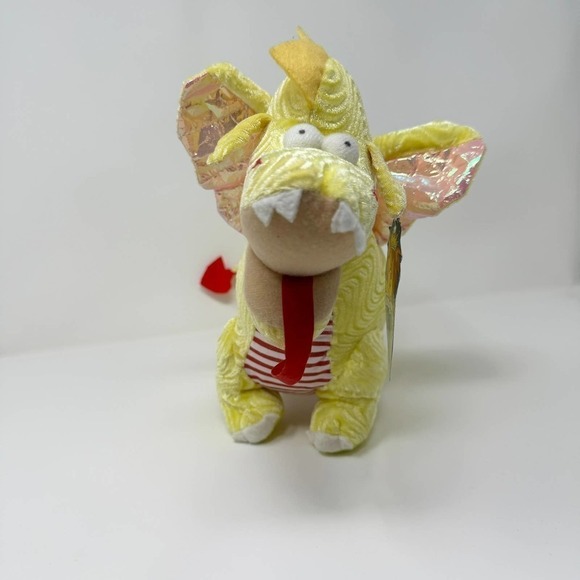 King Plush Yellow Crinkle Winged Standing Dragon 24" Plush Red Striped Belly Toy - Picture 7 of 16